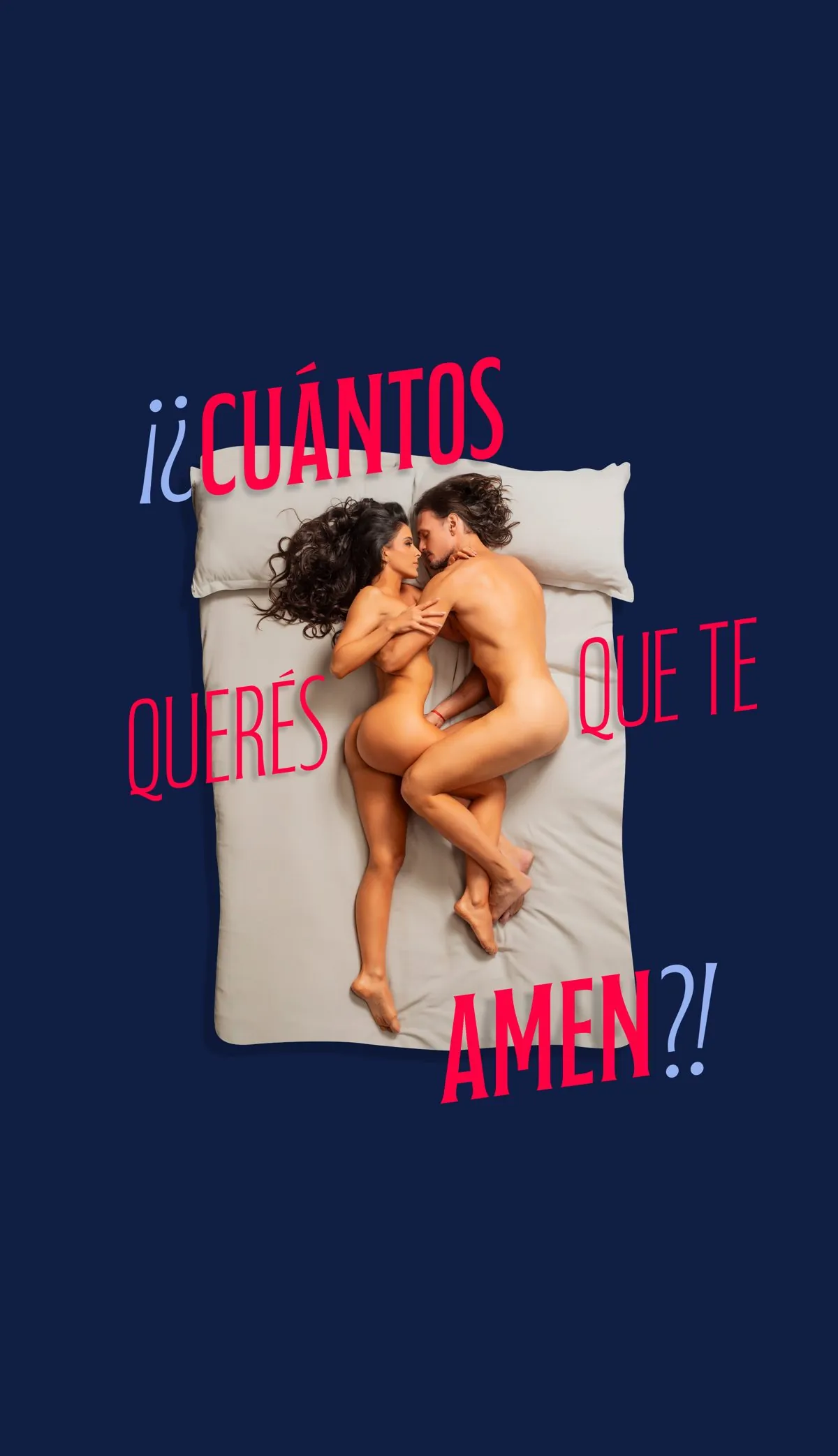 Key visual: una pareja abrazada sobre una cama vista desde arriba, con el título en rojo y celeste