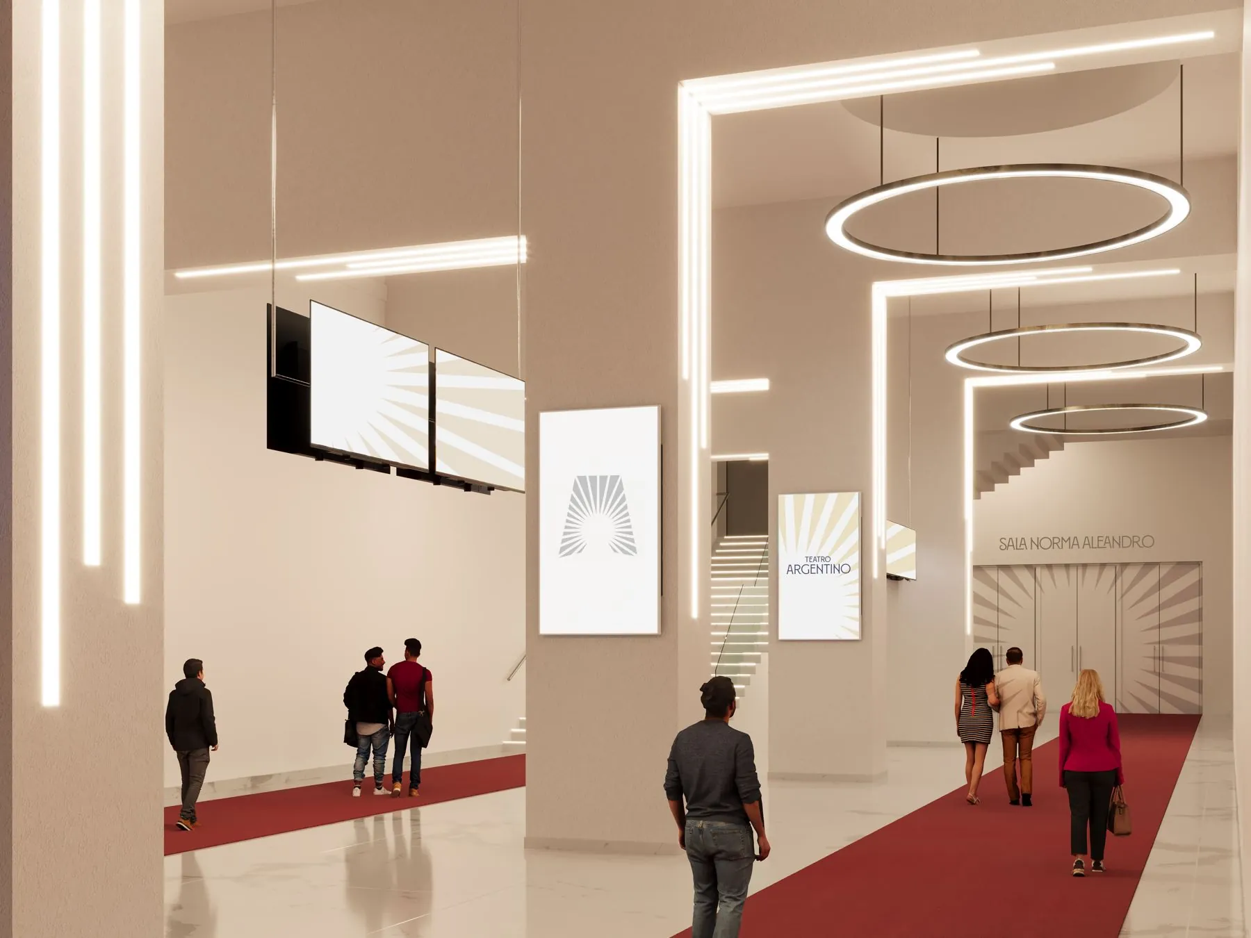 Render del hall del Teatro Argentino con la señalética y el isotipo